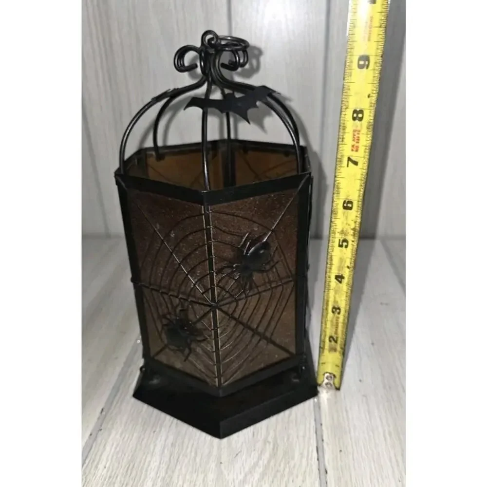 Vtg Halloween Lantern Votive Candle Holder Metal Spider Web Bats Orange Black